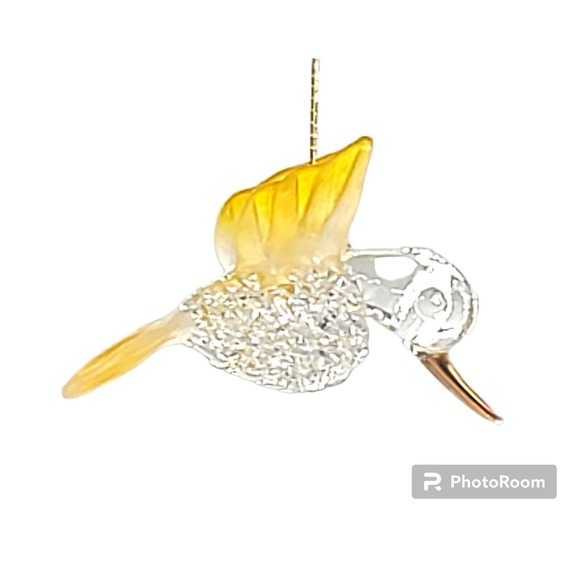 Vintage Clear Glass Hand Blown Bird Yellow Wings Tail Gold Tone Beak Ornament - Picture 2 of 2